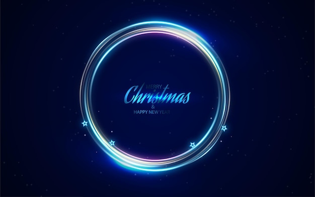 Feliz Navidad con líneas redondas de neón de fondo azul aislado