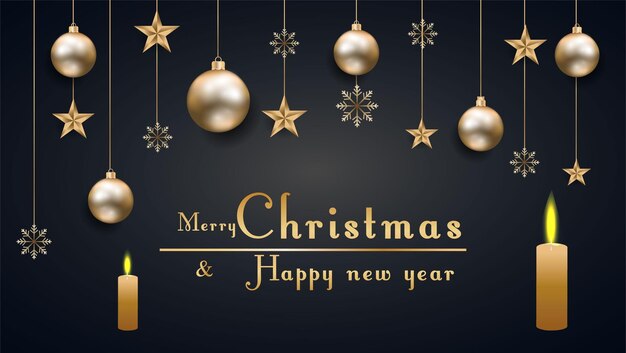 Feliz Navidad de lujo con bolas de oro estrellas y velas en fondo oscuro
