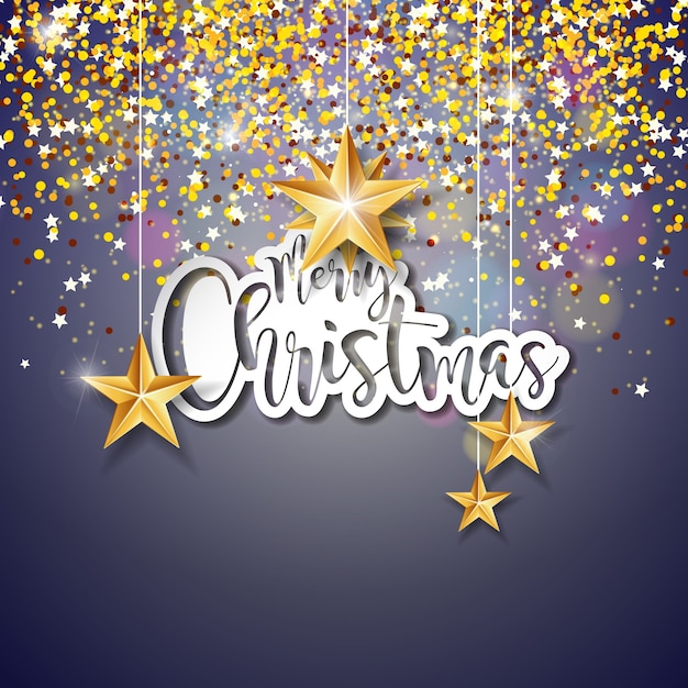 Feliz Navidad mano Letras ilustración con etiqueta de papel sobre fondo brillante brilla
