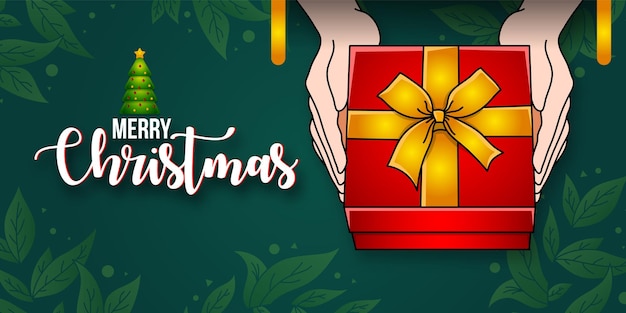 Vector feliz navidad con manos sosteniendo fondo de banner de caja de regalo