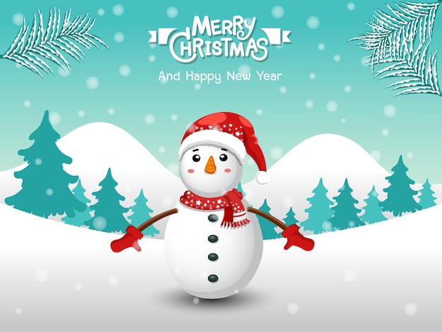 Feliz navidad. muñeco de nieve divertido en paisaje de invierno de escena de nieve de navidad. elemento decorativo de vacaciones. ilustración vectorial.