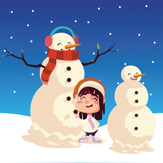Feliz navidad muñeco de nieve niña con orejeras en la nieve celebrando la ilustración