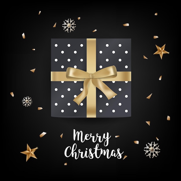 feliz navidad, negro, tarjeta, regalo, caja, oro, cinta, celebración, vector