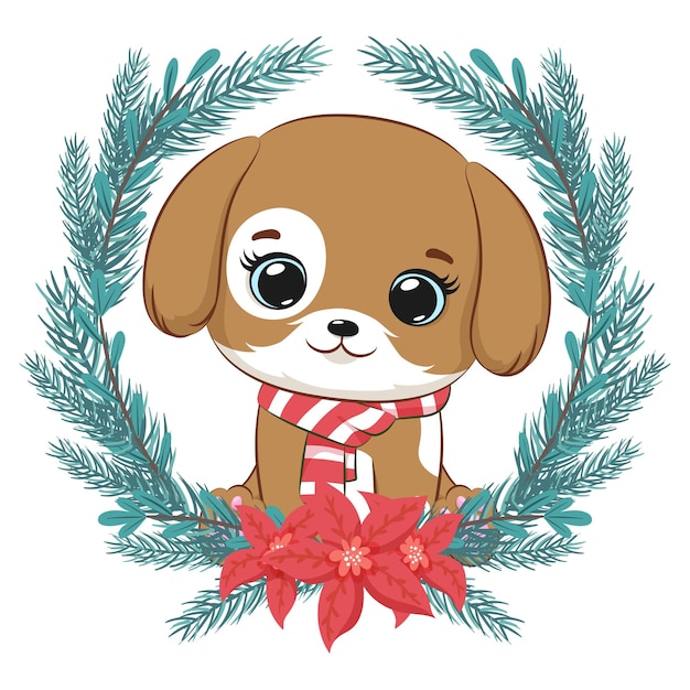 Feliz navidad o año nuevo tarjeta lindo cachorro con bufanda y corona ilustración vectorial