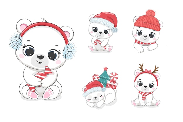 Feliz Navidad o Año Nuevo tarjeta lindo osito de peluche con un gorro de Papá Noel con dulces y presentes