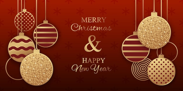 Feliz Navidad o Feliz Año Nuevo tarjeta de felicitación con bolas doradas relucientes sobre un fondo rojo