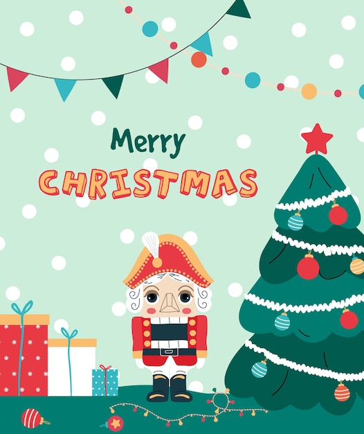 Feliz Navidad o Feliz Año Nuevo Tarjeta de rompedor de nueces dibujada a mano