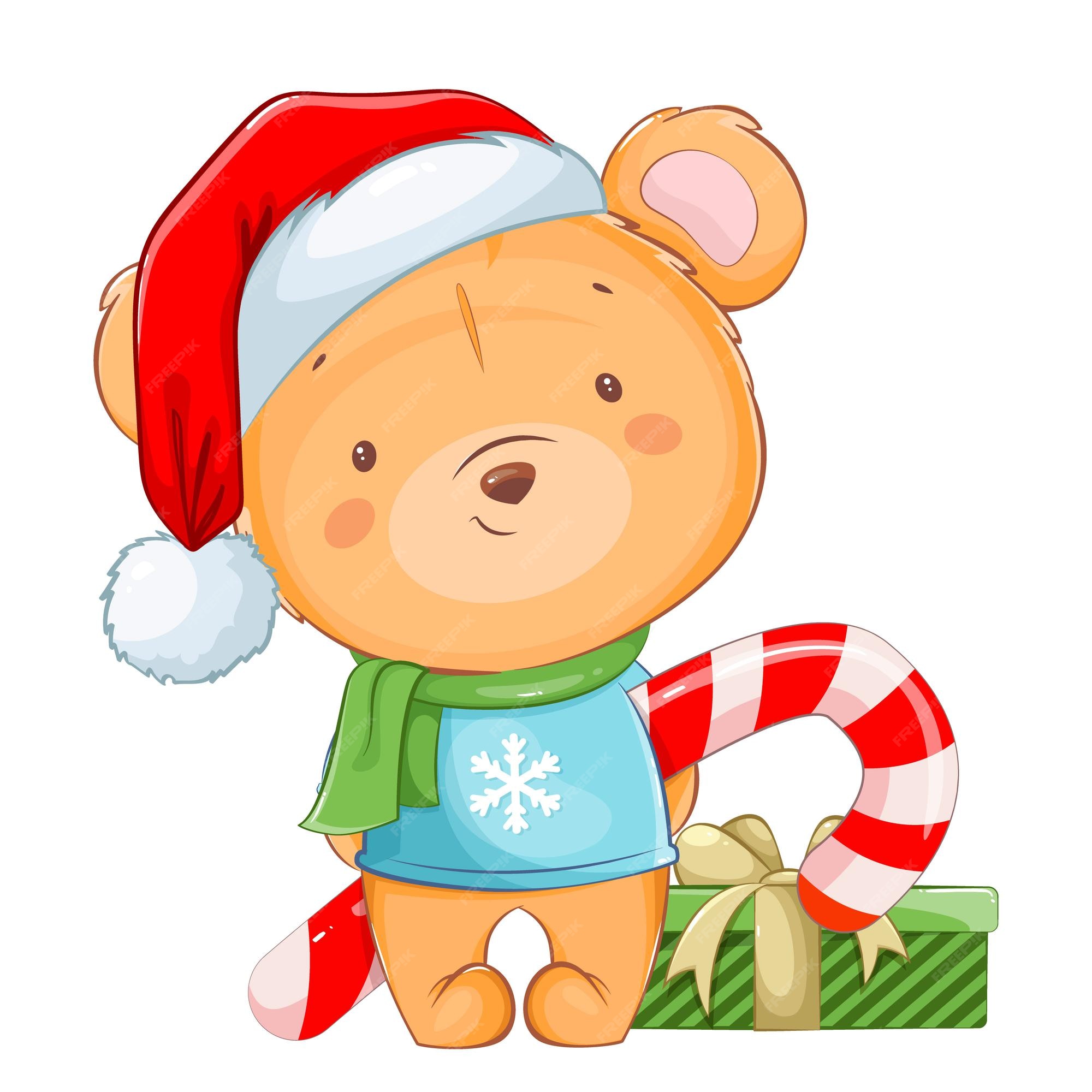 Feliz navidad. osito gracioso. oso de personaje de dibujos animados lindo con sombrero de santa con bastón de caramelo grande. ilustración vectorial de stock sobre fondo blanco. | Vector Premium Feliz navidad. osito gracioso. oso de personaje de dibujos animados lindo con sombrero de santa con bastón de caramelo grande. ilustración vectorial de stock sobre fondo blanco. | Vector Premium