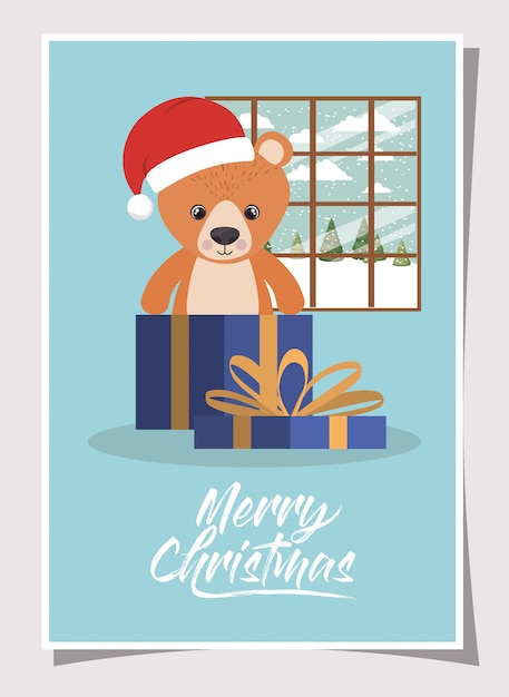 Vector feliz navidad con osito de peluche en regalo