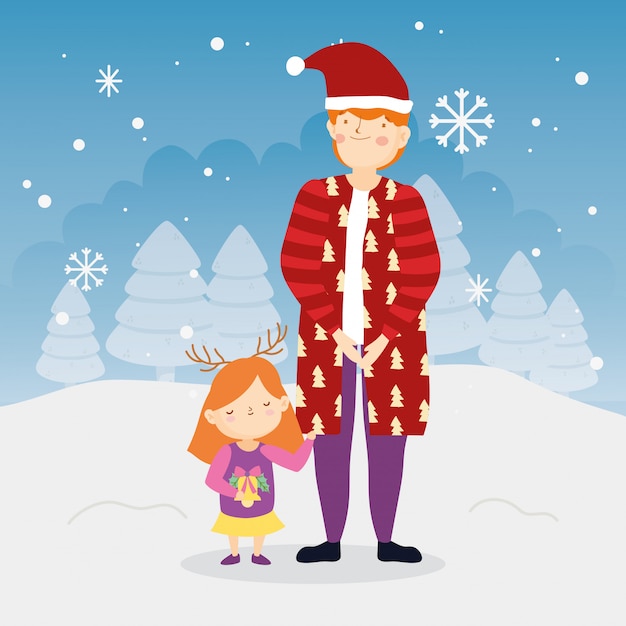 Feliz Navidad padre e hija ropa abrigada, nieve al aire libre