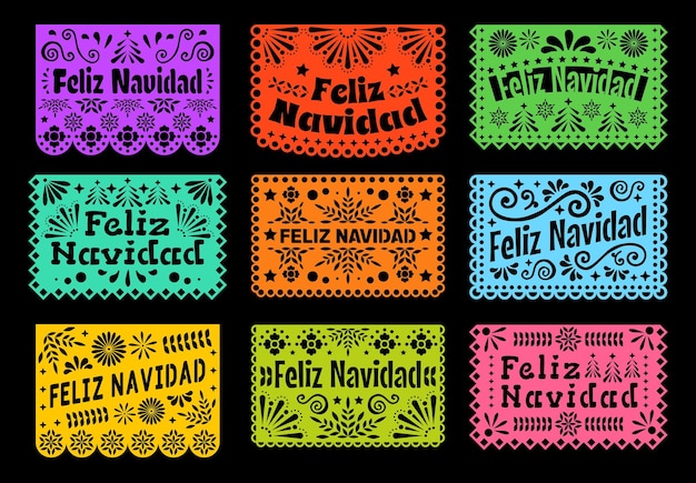 Vector feliz navidad papel cortado banderas de vacaciones mexicanas papel picado banderas méxico feliz navidad celebración de vacaciones américa latina feliz navidad felicitación guirnaldas vectoriales banderas o banderas cortadas en papel