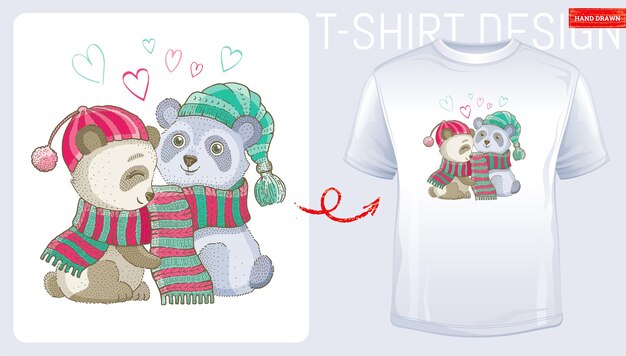 Feliz navidad pareja de oso panda. diseño de estampado de camiseta de invierno. moda de dibujos animados lindo.