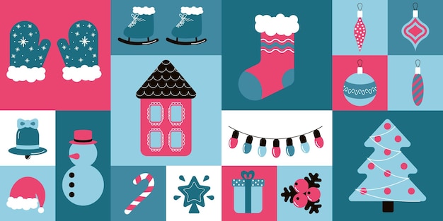 Feliz Navidad patrón geométrico abstracto bauhaus juguete guirnalda regalos hombre de nieve campana Mitte vector