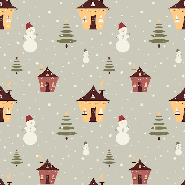Feliz Navidad de patrones sin fisuras con elementos de dibujos animados lindo textura de vector de abeto de casa de muñeco de nieve