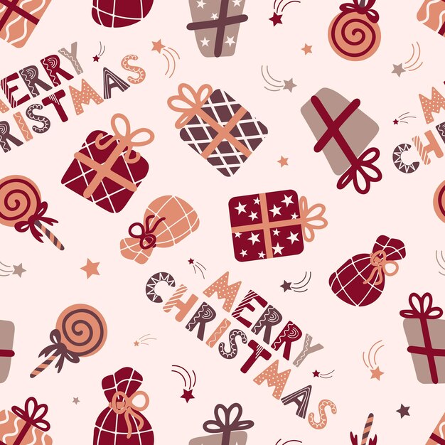 Feliz Navidad de patrones sin fisuras letras estilo escandinavo piruleta regalos estrellas envoltura de tela