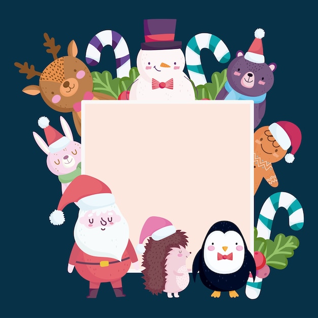 Feliz navidad, personajes lindos animales bastones de caramelo e ilustración de banner de acebo