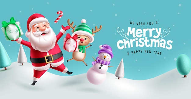 Feliz Navidad personajes de saludo diseño de pancartas vectoriales Navidad Santa Claus renos y nieve