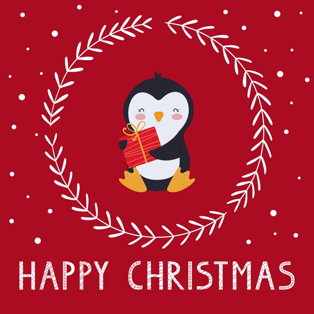Feliz Navidad. Plantilla para una tarjeta navideña o pancarta con un gracioso pingüino, corona decorativa y letras. Ilustración de vector sobre fondo rojo.
