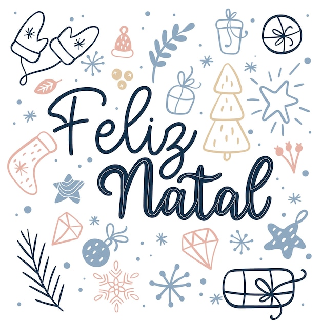 Vector feliz navidad en portugués con adornos coloridos calcetines pino bolas navideñas regalo estrellas hojas