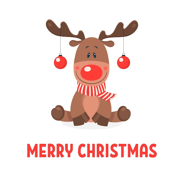 Vector feliz navidad postal vector navidad lindo reno con bolas de navidad en los cuernos en plantilla de diseño de estilo plano blanco para feliz navidad y feliz año nuevo tarjeta dibujos animados niños personaje
