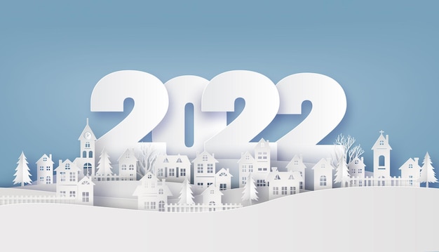 Feliz Navidad y próspero año nuevo 2022, Countryside Village en collage de papel de invierno y estilo de corte de papel con artesanía digital.