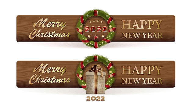 Feliz navidad y próspero año nuevo 2022. inscripción de felicitación sobre un fondo de madera. conjunto de banner de navidad horizontal. ilustración vectorial