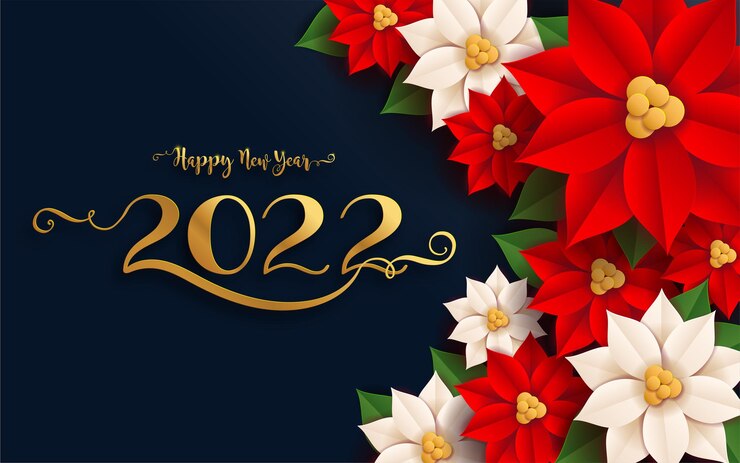 Vector feliz navidad y próspero año nuevo 2022 con motivos dorados y cristales sobre papel color.
