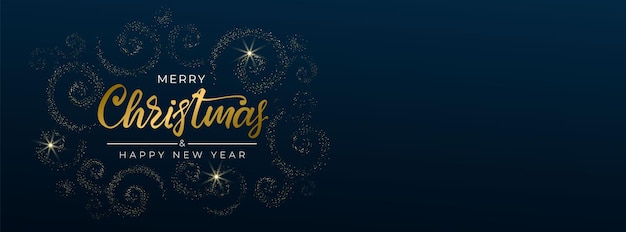 Feliz Navidad y próspero año nuevo 2022. Tarjeta de felicitación con letras dibujadas a mano y espirales brillantes de oro sobre fondo azul. Panorama para invitaciones navideñas, pancarta, póster. Ilustración vectorial.