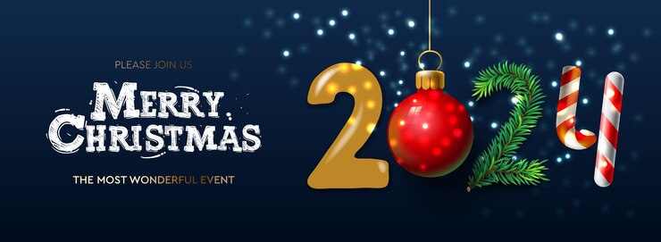 Vector feliz navidad y próspero año nuevo 2024 banner web decoración festiva de navidad cartel de vector de navidad