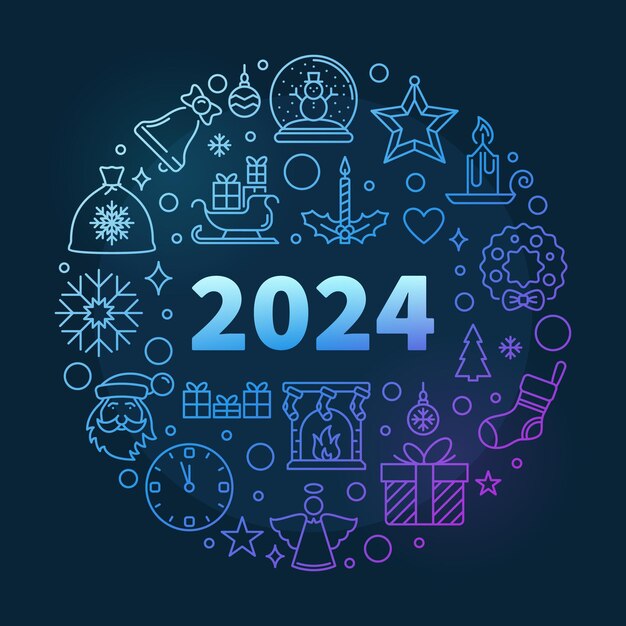 Feliz Navidad y próspero año nuevo 2024 vector delgada línea redonda azul tarjeta de felicitación moderna con fondo oscuro