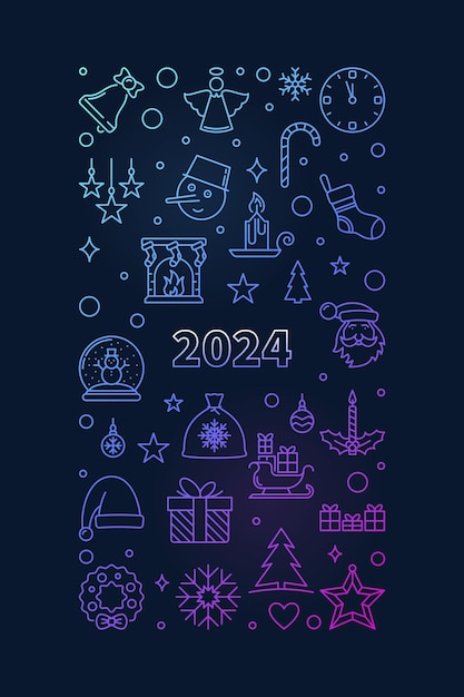 Feliz Navidad y próspero año nuevo 2024 vector línea delgada tarjeta de felicitación colorida vertical o pancarta con fondo oscuro