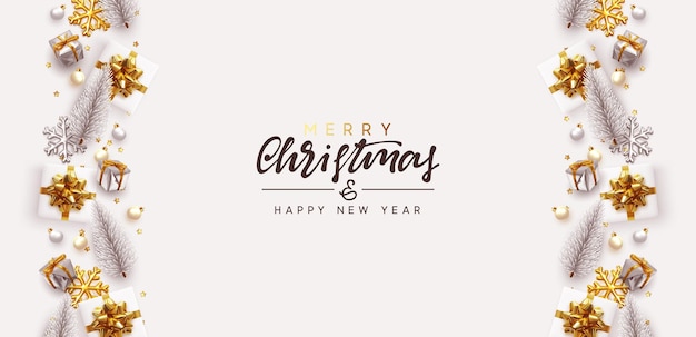 Feliz navidad y próspero año nuevo. Adornos navideños decorativos, cajas de regalo realistas, copo de nieve 3d, bola de Navidad, pino exuberante. Color plata y blanco Decoración navideña. Borde de decoración de objetos