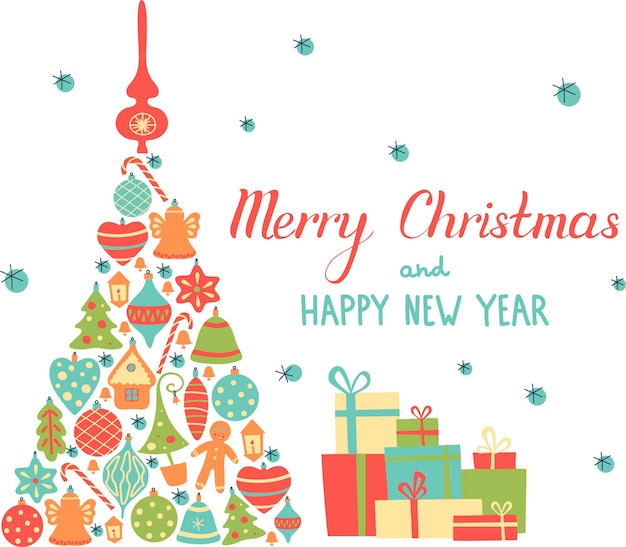 Feliz navidad y próspero año nuevo adornos de pino en diseño de tarjeta de decoración navideña de estilo plano