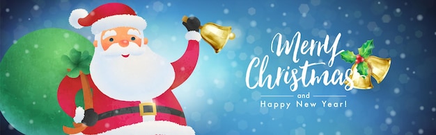 Feliz navidad y próspero año nuevo banner con campanilla de timbre de santa claus sobre fondo de caída de nieve