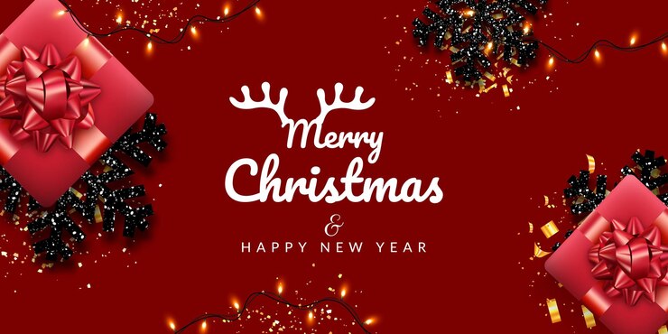 Feliz navidad y próspero año nuevo banner de fondo rojo
