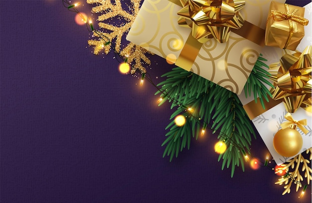 Feliz navidad y próspero año nuevo. Banner de Navidad, póster web. Diseño de vacaciones con objetos decorativos 3d realistas. Fondo festivo de Navidad. ilustración vectorial