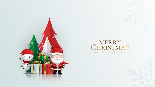 Feliz navidad y próspero año nuevo banner navideño de santa claus y muñeco de nieve
