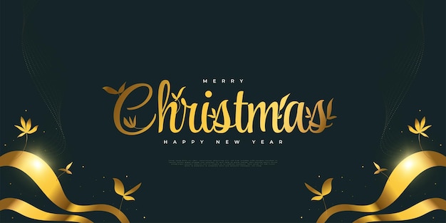Feliz Navidad y próspero año nuevo Banner o póster en azul y dorado con ilustración floral