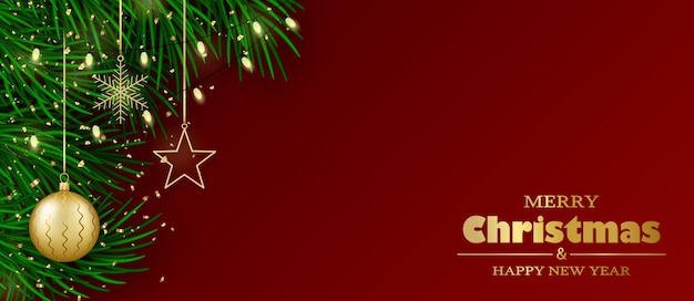 Feliz Navidad y próspero año nuevo banner ramas de árboles de Navidad guirnaldas doradas y confeti