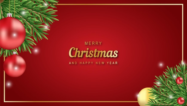 Feliz navidad y próspero año nuevo banner tarjeta de felicitación con ramas y decoración