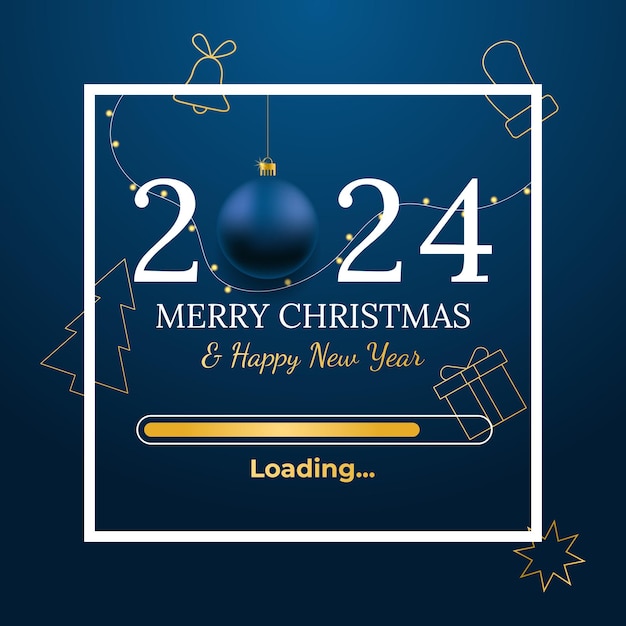 Feliz Navidad y próspero año nuevo banner vectorial Barra de carga en color dorado Esperando el año 2024 Adornos azules realistas con número Ilustración vectorial