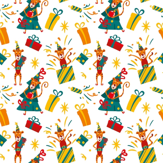 Feliz Navidad y próspero año nuevo caja de regalo de tigre de fiesta de Navidad de patrones sin fisuras