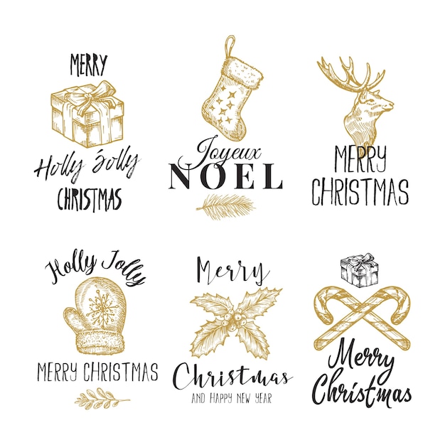 Feliz Navidad y próspero año nuevo conjunto de plantillas de logotipos, etiquetas o signos abstractos