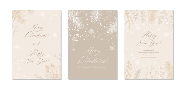 Feliz Navidad y próspero año nuevo conjunto de tarjetas de felicitación Postal de invierno con boceto dibujado a mano