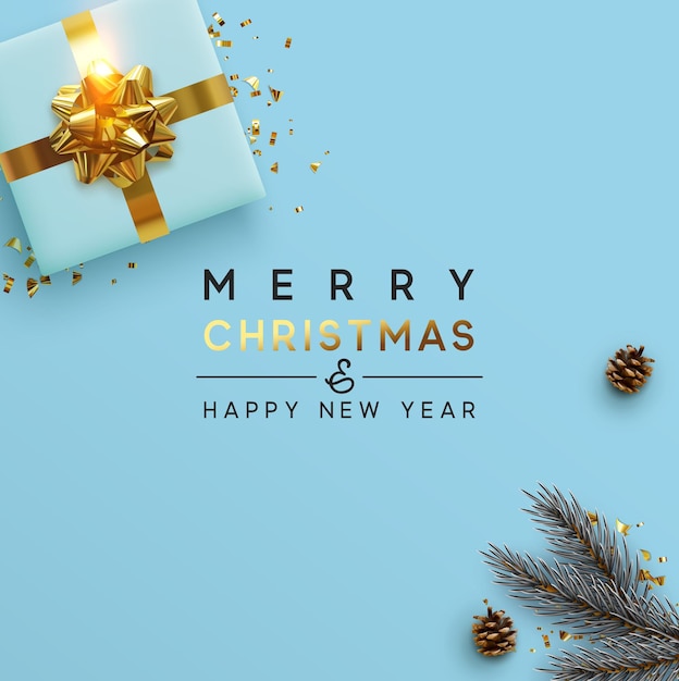 Feliz navidad y próspero año nuevo. Diseño de Navidad de fondo de cono de pino marrón, con caja de regalos realista, rama de pino y confeti dorado brillante. Afiche navideño, tarjeta de felicitación. ilustración vectorial