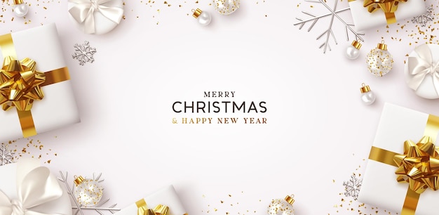 Feliz navidad y próspero año nuevo. Diseño navideño de fondo de caja de regalos realista, bolas de adorno 3d, confeti dorado brillante. Afiche navideño, tarjetas de felicitación. Plano, vista superior. Composición de vacaciones