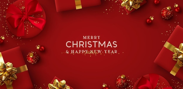 Feliz navidad y próspero año nuevo. Diseño navideño de fondo de caja de regalos realista, bolas de adorno 3d, confeti dorado brillante. Afiche navideño, tarjetas de felicitación. Plano, vista superior. Composición de vacaciones