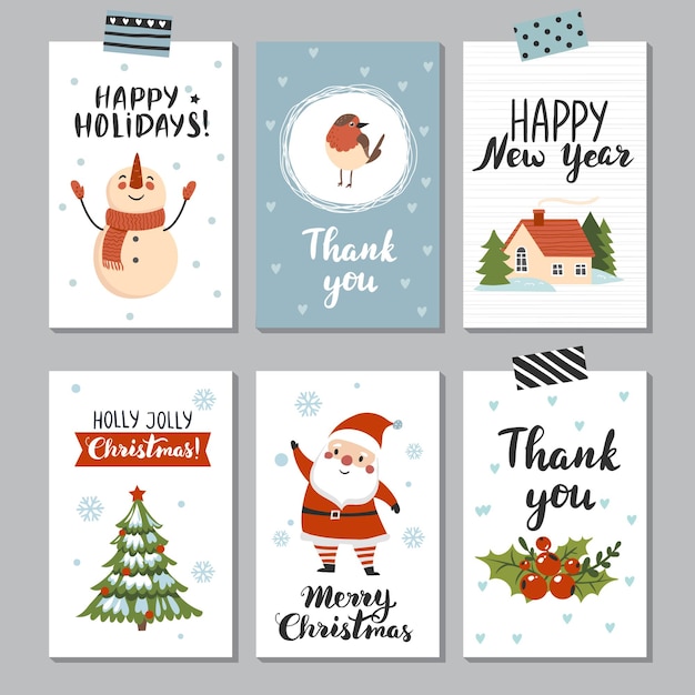 Feliz navidad y próspero año nuevo diseño plano conjunto de tarjetas de felicitación