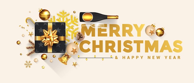 Feliz navidad y próspero año nuevo. El diseño de vacaciones decora con caja de regalo, bolas de oro, botella de vino y estrella sobre fondo brillante.