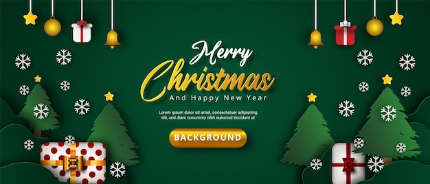 Feliz navidad y próspero año nuevo, estilo de banner sobre fondo verde